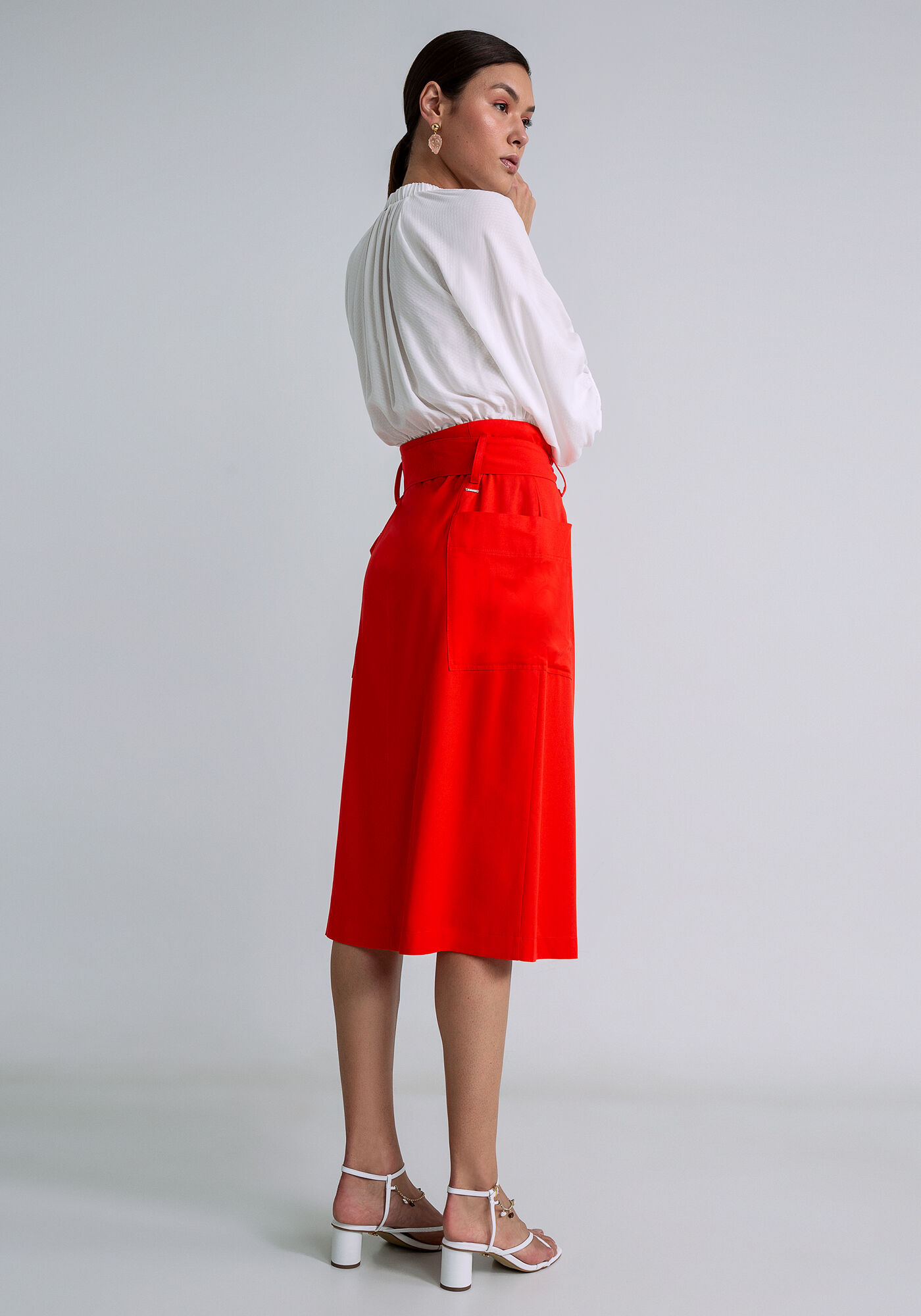 Saia Midi Cintura Alta Bolsos Faixa, LARANJA, large.