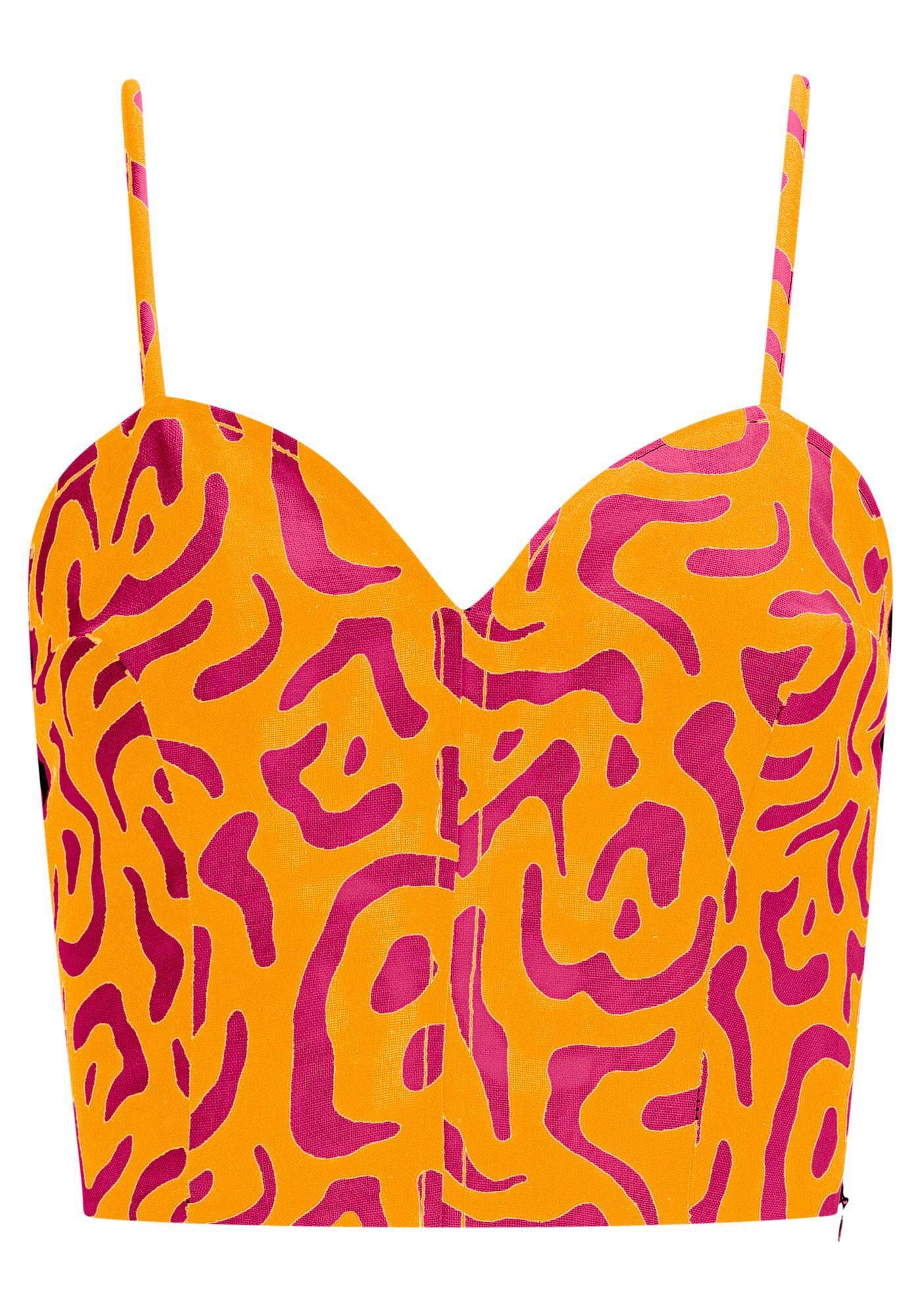 Blusa Cropped em Linho Animal Print com Amarra&ccedil;&atilde;o Al&ccedil;as, , large.