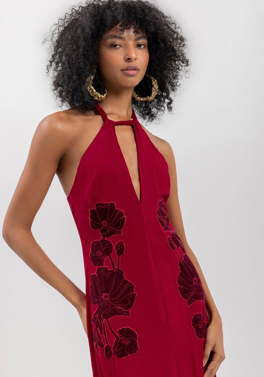 Vestido Longo Com Bordados Frontais Em Crepe De Viscose, VERMELHO FLAMBOYANT. Vestido Longo Com Bordados Frontais Em Crepe De Viscose, VERMELHO FLAMBOYANT, large.