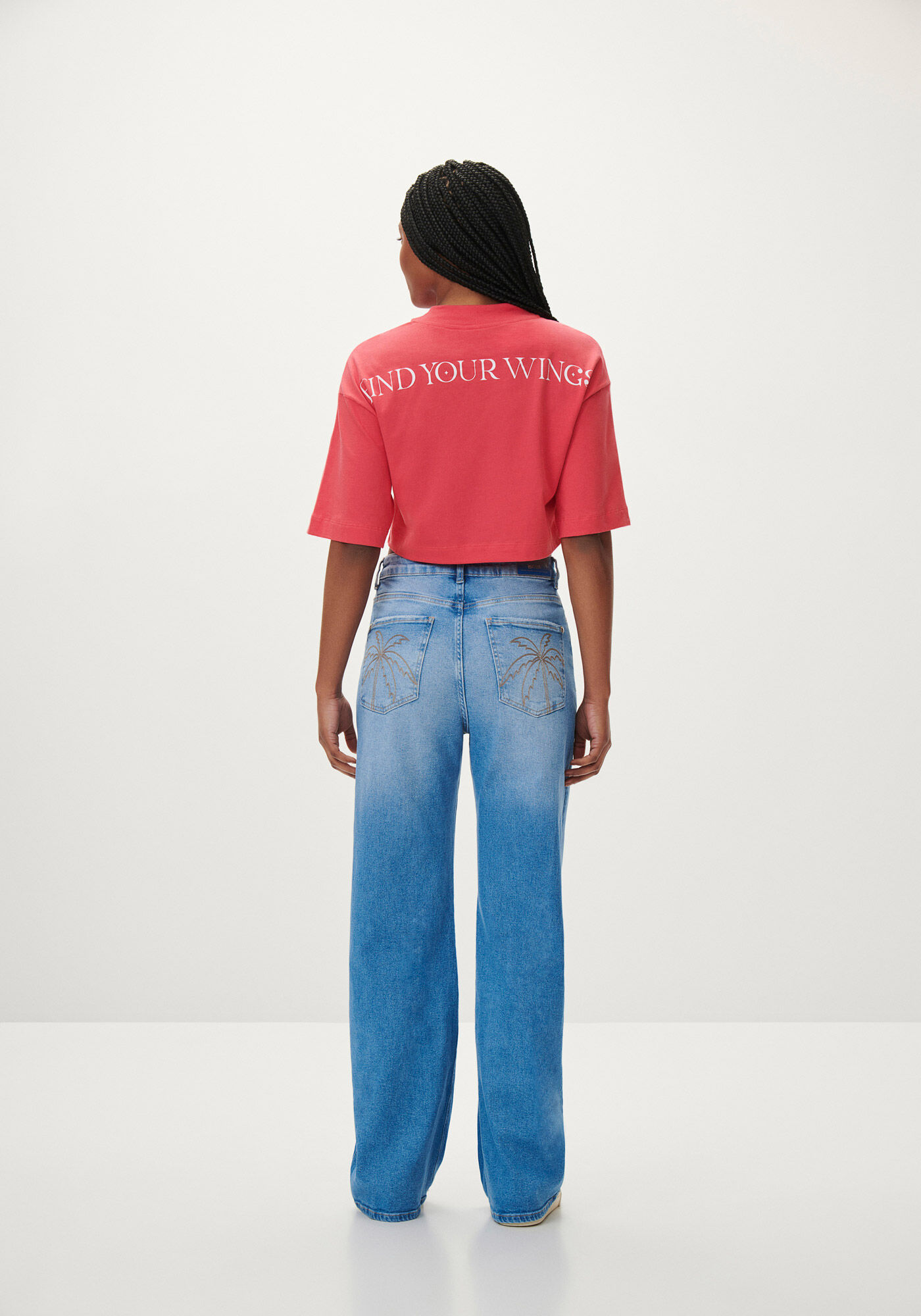 Cal&ccedil;a Jeans Wide Leg Cintura Alta com Bordado, JEANS, large.