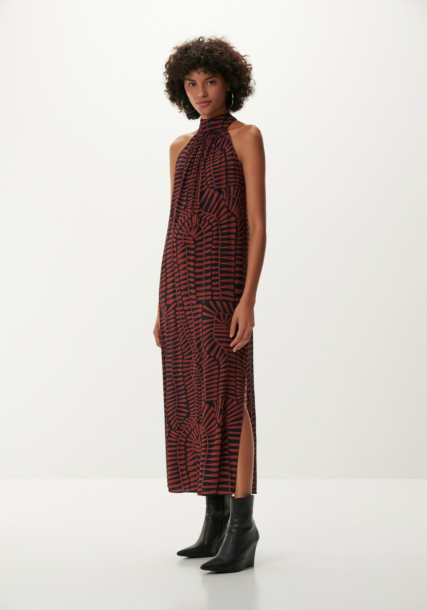 Vestido Midi Estampado em Viscose com Gola Alta, BOSQUE, large.