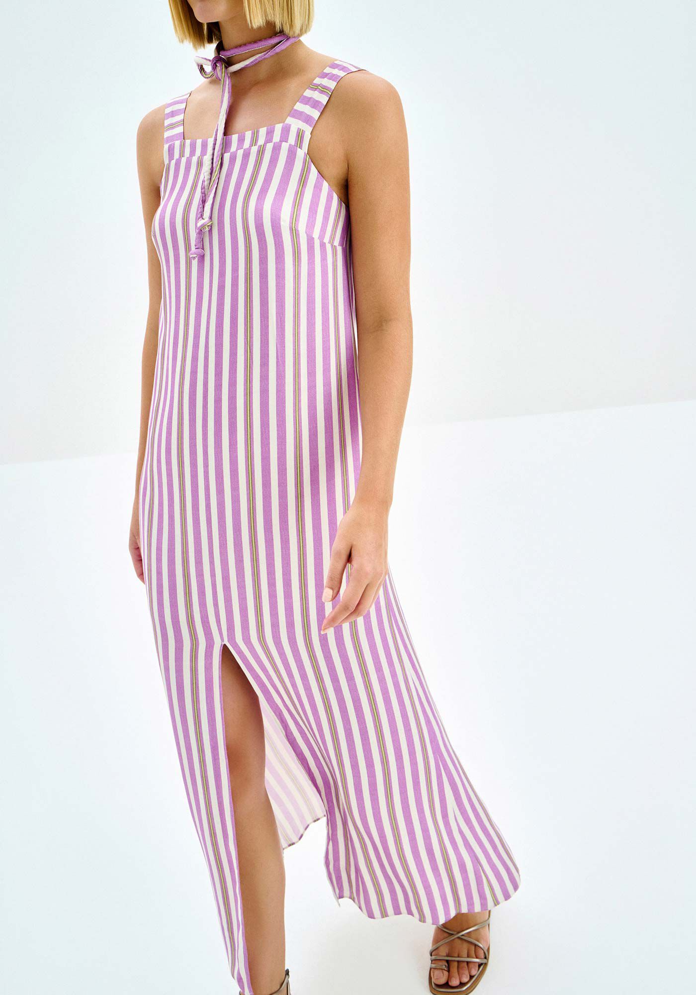 Vestido Longo Estampado com Cinto e Fenda, , large.