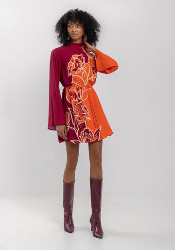 Vestido Curto Estampado Com Mangas Longas Amplas E Cinto, ANEMONE VERMELHO. Vestido Curto Estampado Com Mangas Longas Amplas E Cinto, ANEMONE VERMELHO, large.
