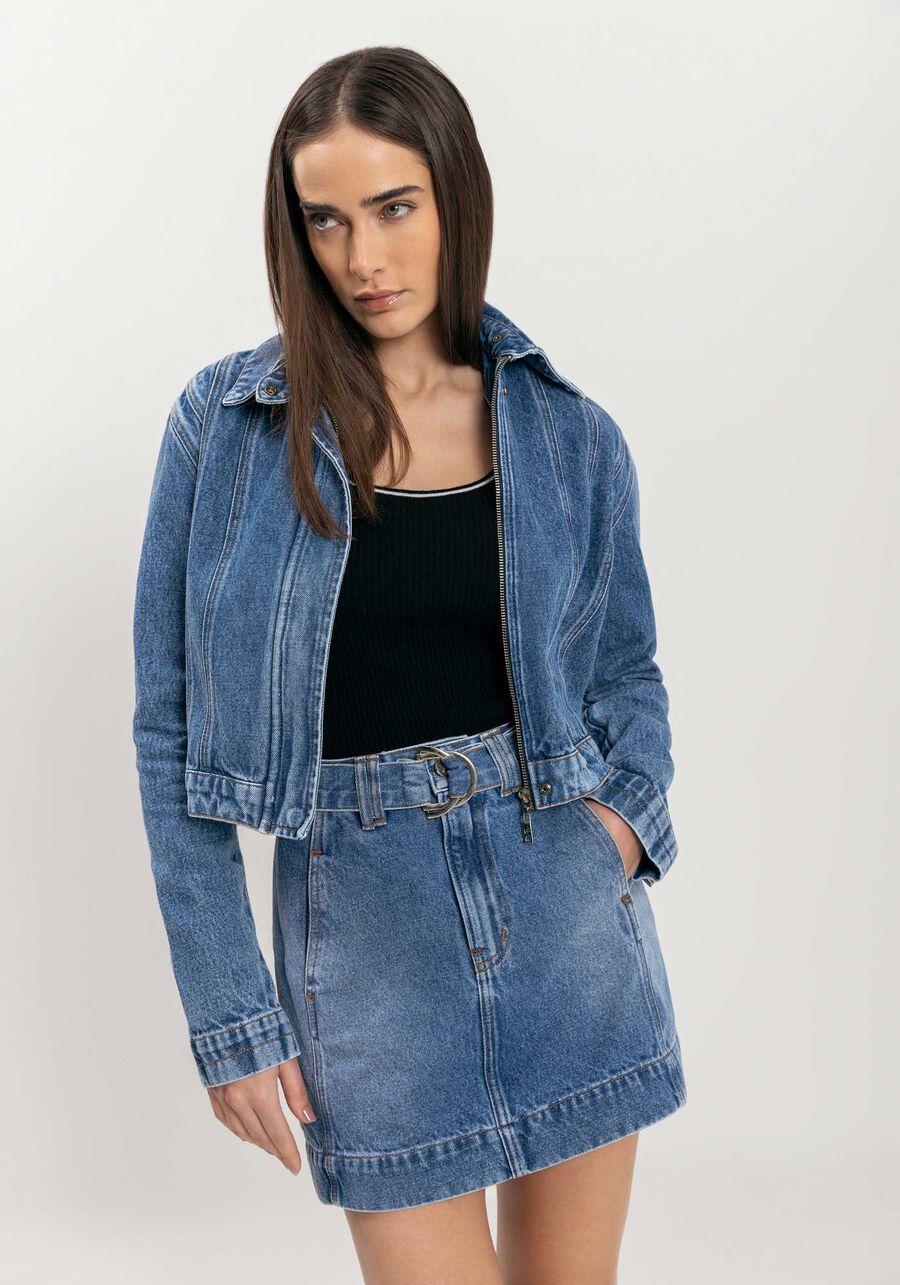 Saia Jeans Curta Com Cintura Alta E Cinto, JEANS. Saia Jeans Curta Com Cintura Alta E Cinto, JEANS, large.