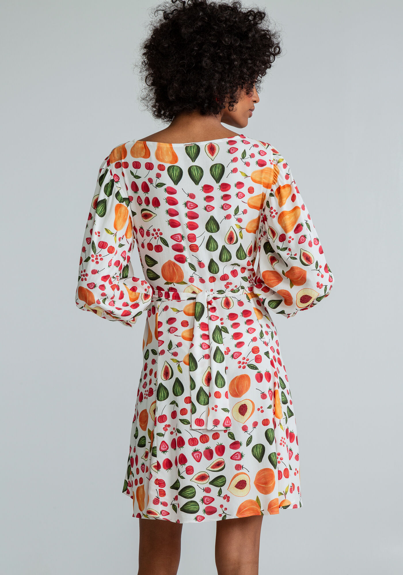 Vestido Manga 3/4 Bufante Estampado, SALADA DE FRUTAS, large.