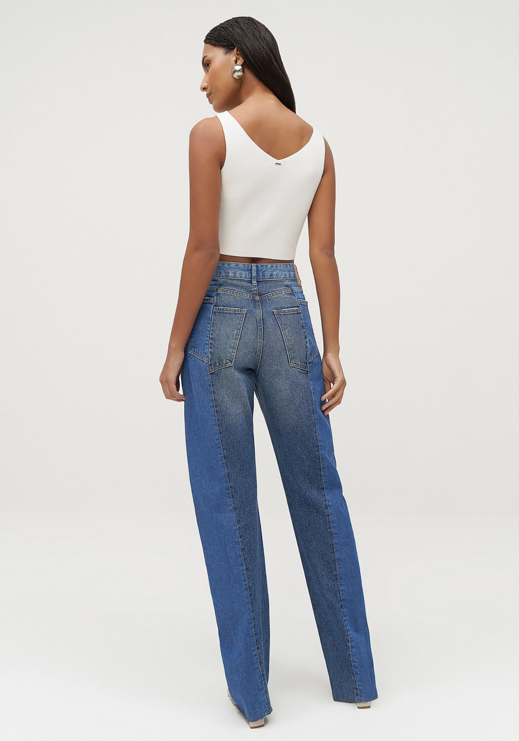 Calça Jeans Reta Cintura Alta com Recortes Duo, JEANS. Calça Jeans Reta Cintura Alta com Recortes Duo, JEANS, large.