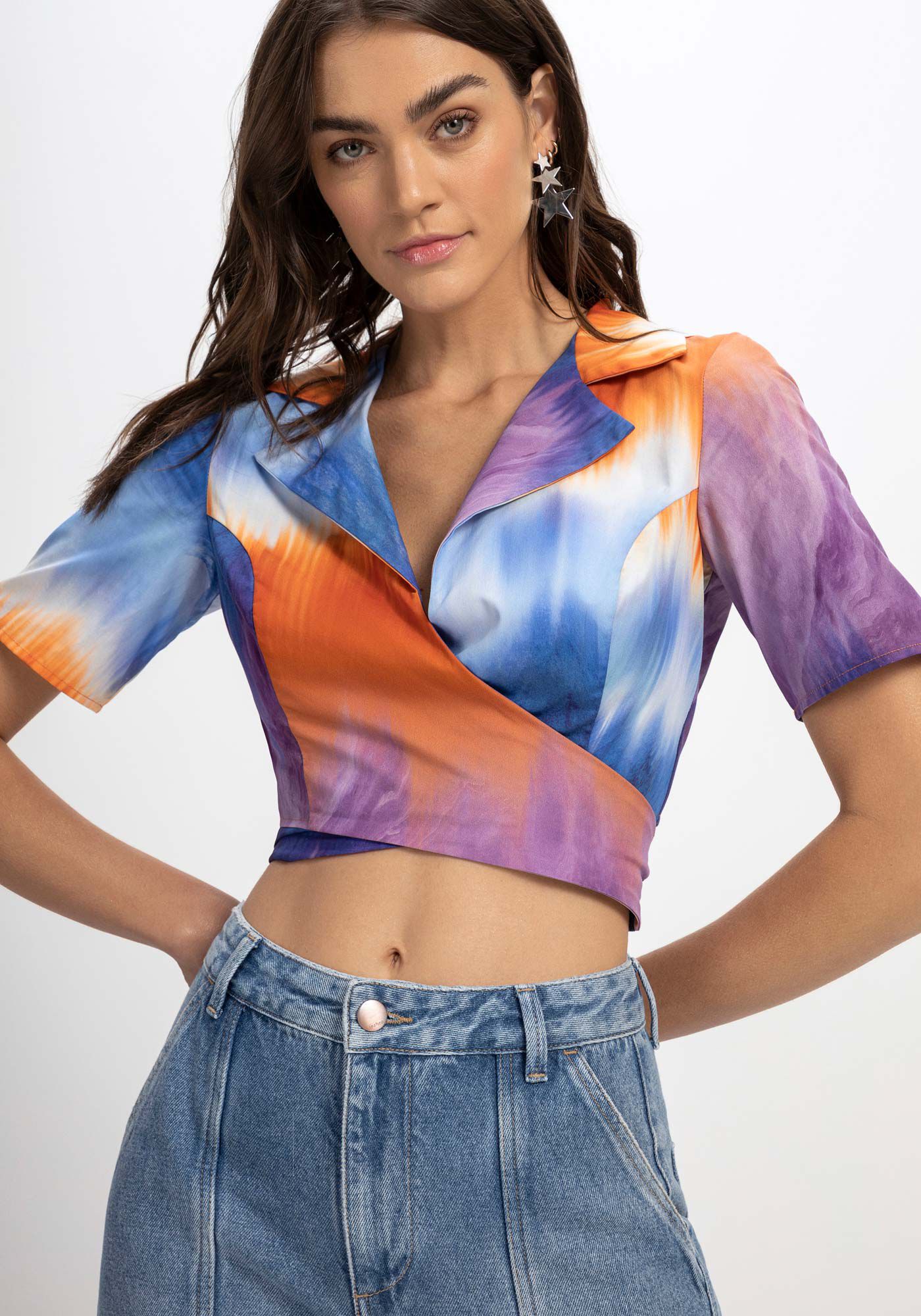 Blusa Estampada em Tricoline Transpassada, , large.