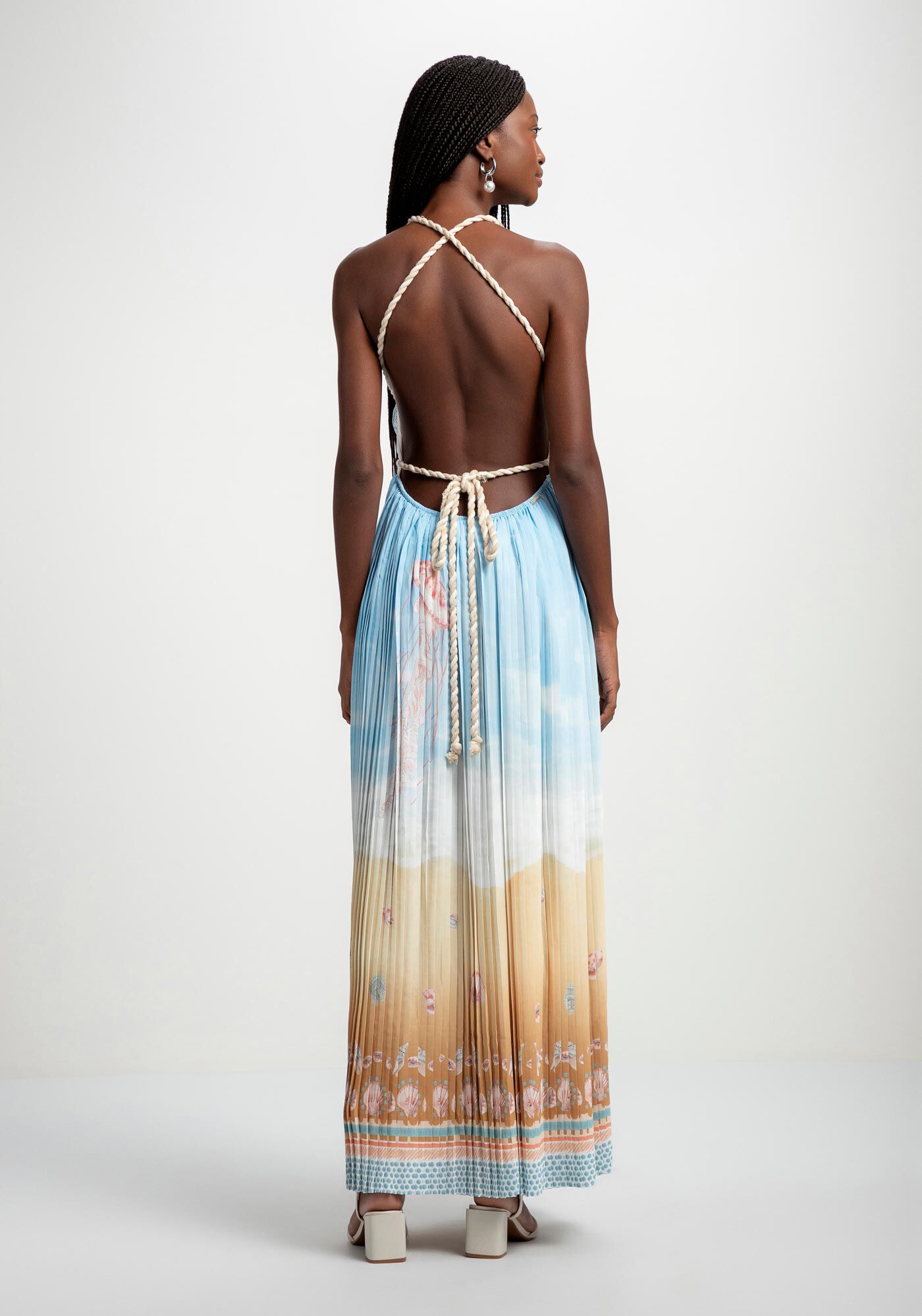 Vestido Longo Plissado com Al&ccedil;as Corda, , large.