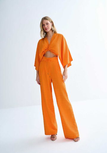 Calça Pantalona em Jacquard com Amarração Cós, LARANJA NASTURZIO. Calça Pantalona em Jacquard com Amarração Cós, LARANJA NASTURZIO, large.