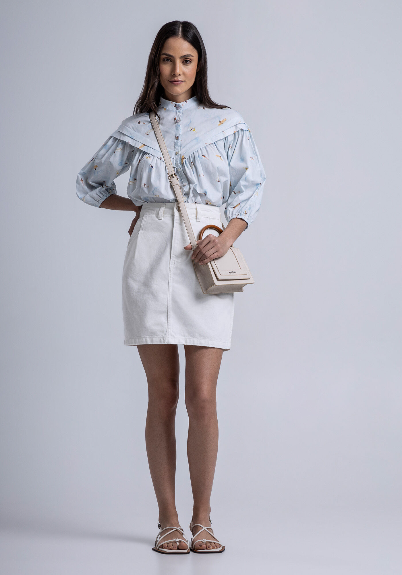 Camisa Manga Bufante em Tricoline com Nervuras, , large.