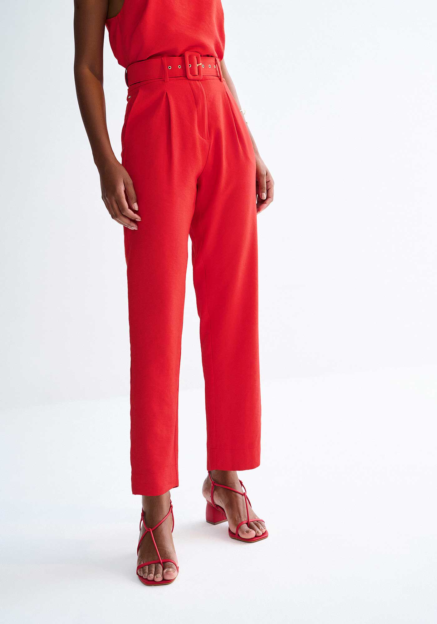 Cal&ccedil;a Reta Alfaiataria Cintura Alta com Cinto, VERMELHO REDDISH, large.