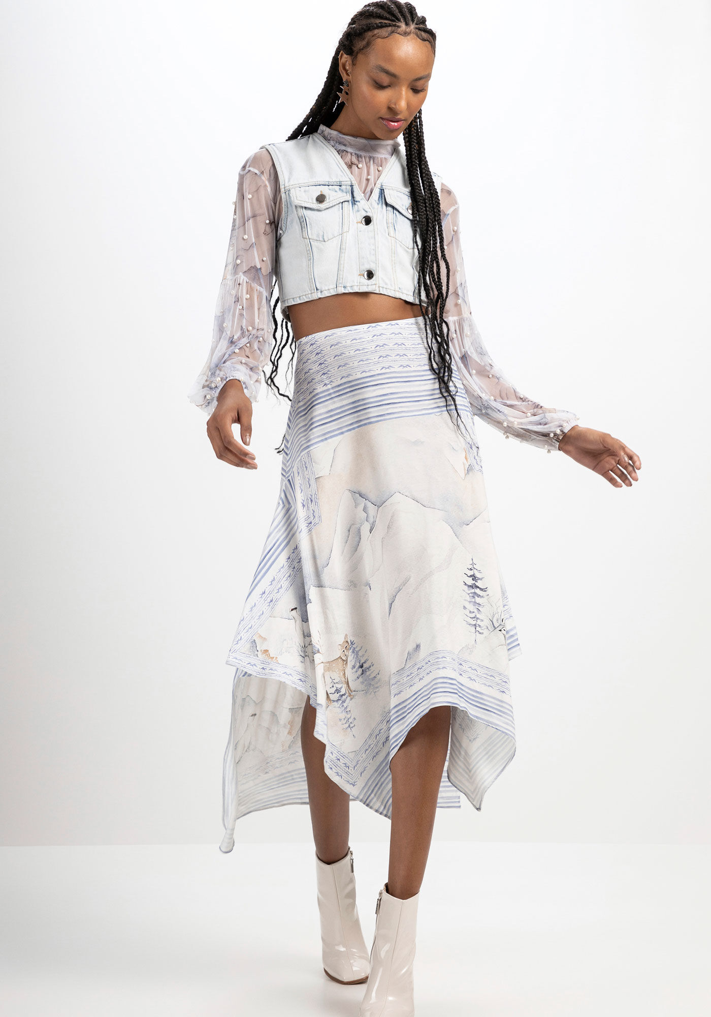 Saia Midi Estampada em Viscose Assim&eacute;trica, , large.