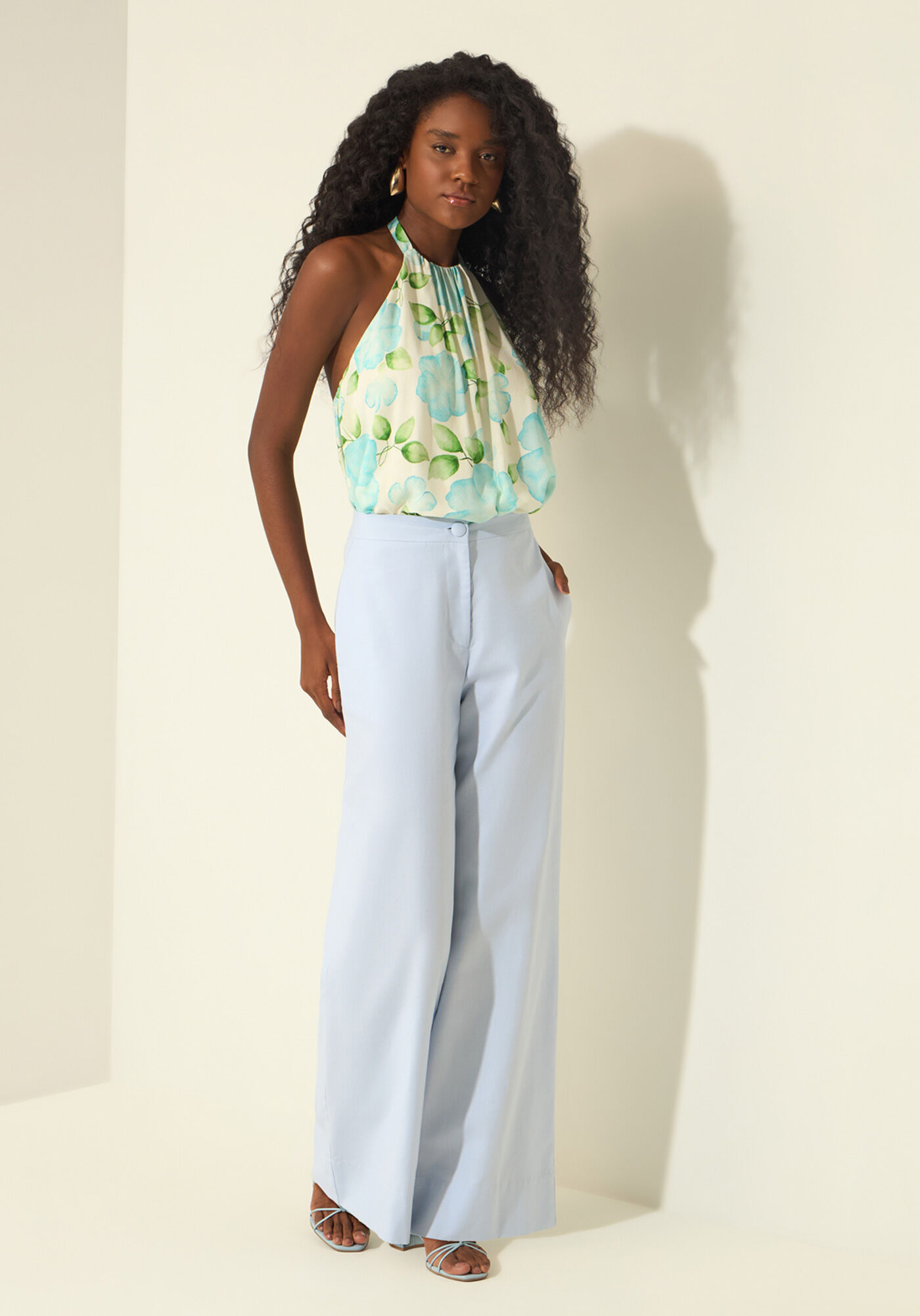 Cal&ccedil;a Reta De Cintura Alta Em Alfaiataria De Algod&atilde;o, AZUL PUPPY, large.