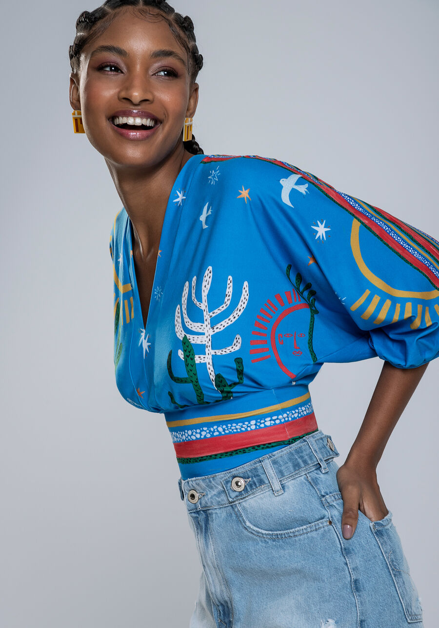Blusa Cropped em malha com Mangas 3/4 Amplas, IMAGINARIO. Blusa Cropped em malha com Mangas 3/4 Amplas, IMAGINARIO, large.