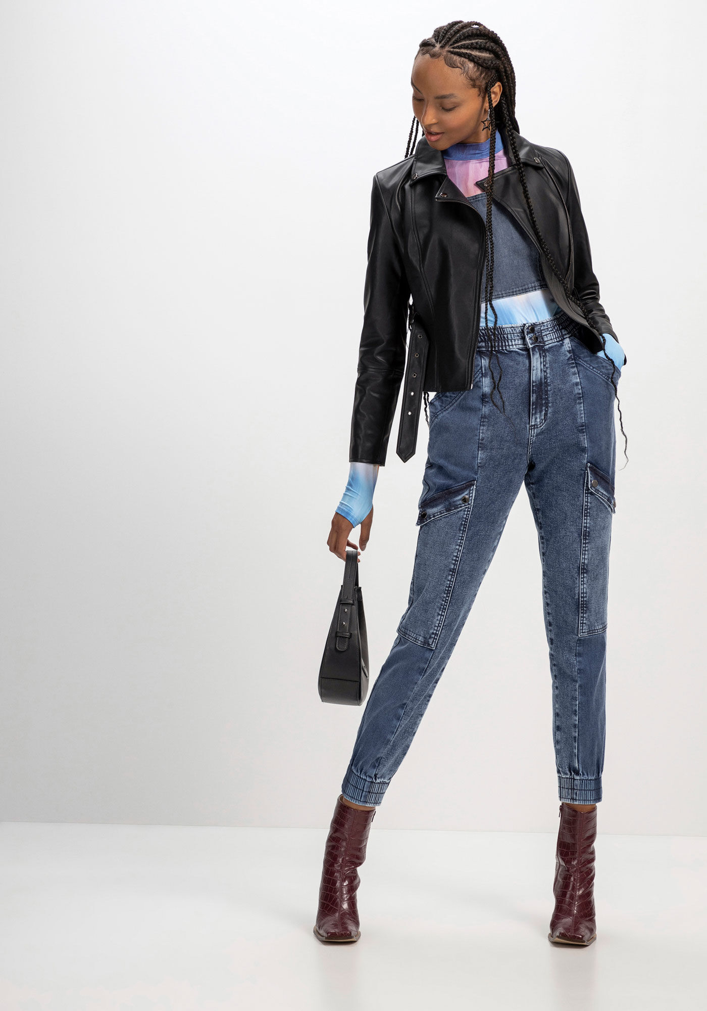 Cal&ccedil;a Jeans Jogging Super Alta com Recortes, JEANS, large.