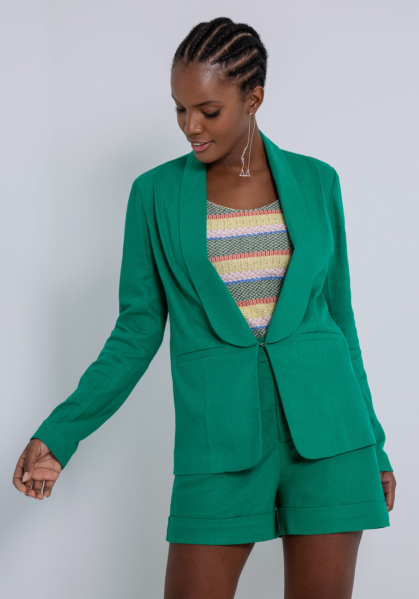 Blazer Boyfriend em Linho com Lapela, VERDE GLIMMER, large.