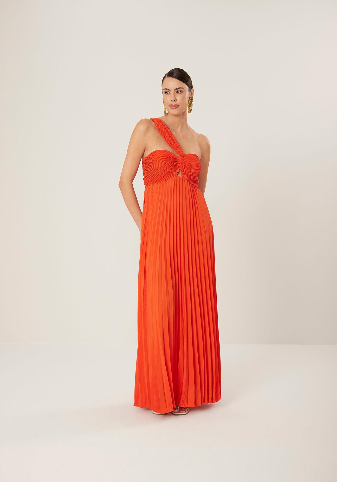 Vestido Longo Plissado De Um Ombro S&oacute; Com Tor&ccedil;&atilde;o Frontal, , large.