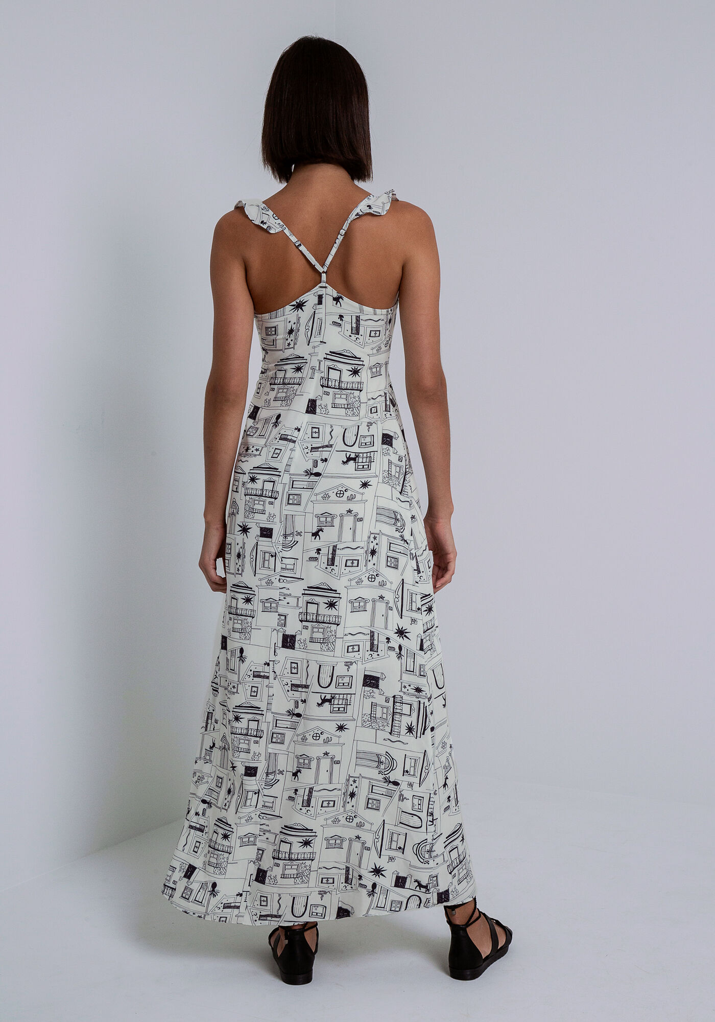 Vestido Longo em Viscose com Babado Al&ccedil;as, , large.