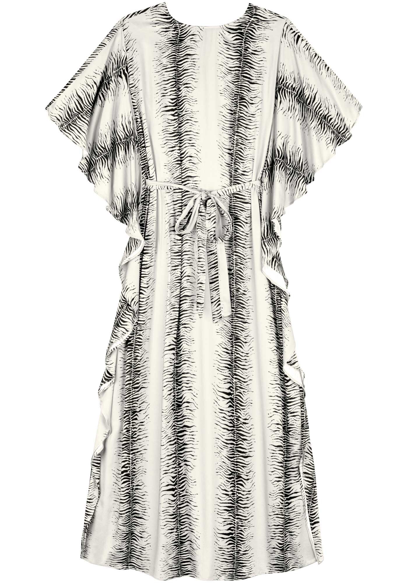 Vestido Ch&aacute; Estampado Com Mangas Amplas E Faixa, , large.