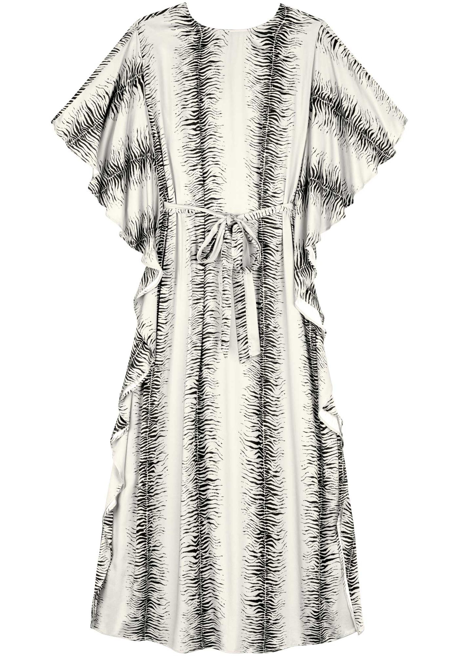 Vestido Chá Estampado Com Mangas Amplas E Faixa, . Vestido Chá Estampado Com Mangas Amplas E Faixa, , large.