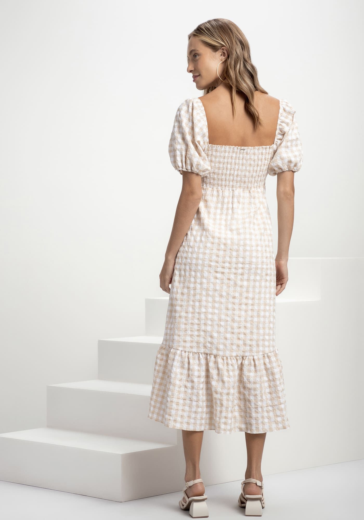 Vestido Midi em Laise com Estampa Vichy Lez a Lez