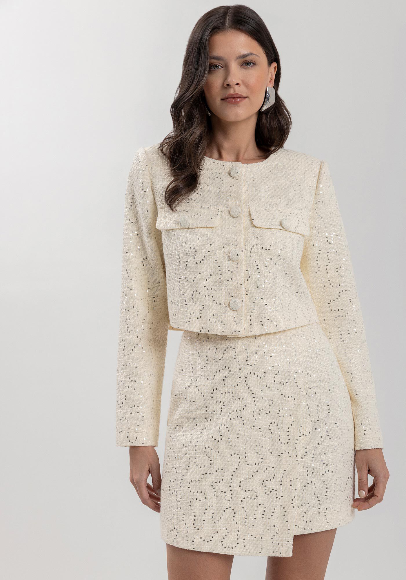 Saia Curta De Cintura Alta Em Tweed Com Paet&ecirc;s, BRANCO OFF WHITE, large.