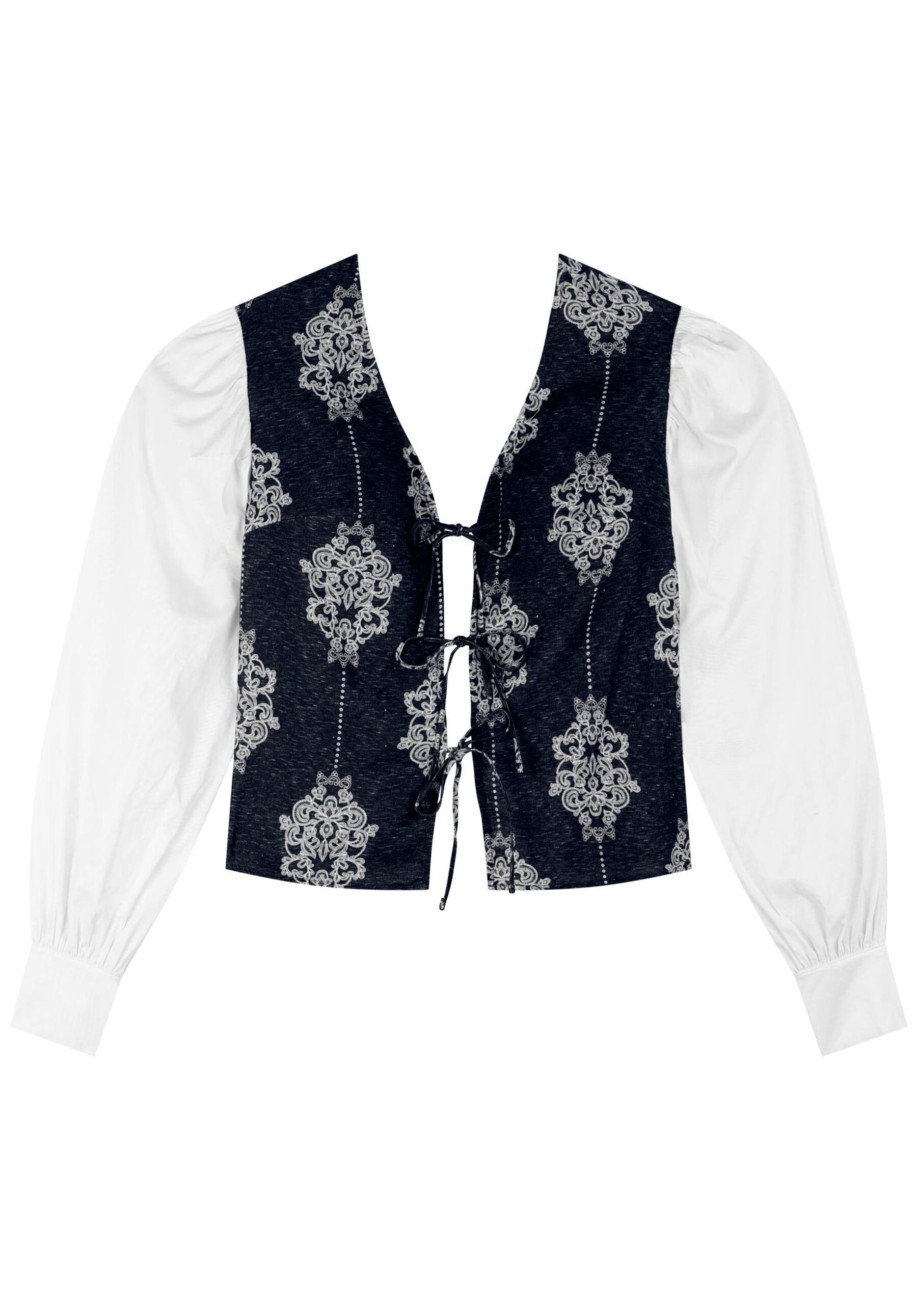 Camisa De Mangas Bufantes Com Amarrações Frontais, CUTWORK MARINHO. Camisa De Mangas Bufantes Com Amarrações Frontais, CUTWORK MARINHO, large.