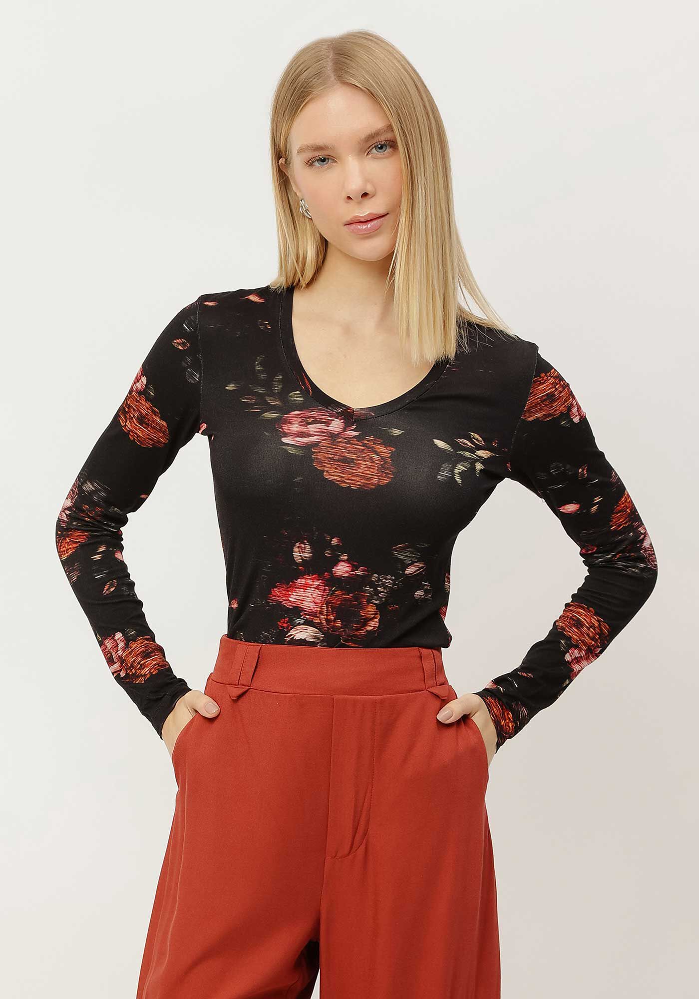 Blusa Manga Longa em Malha Viscose com Decote V, , large.