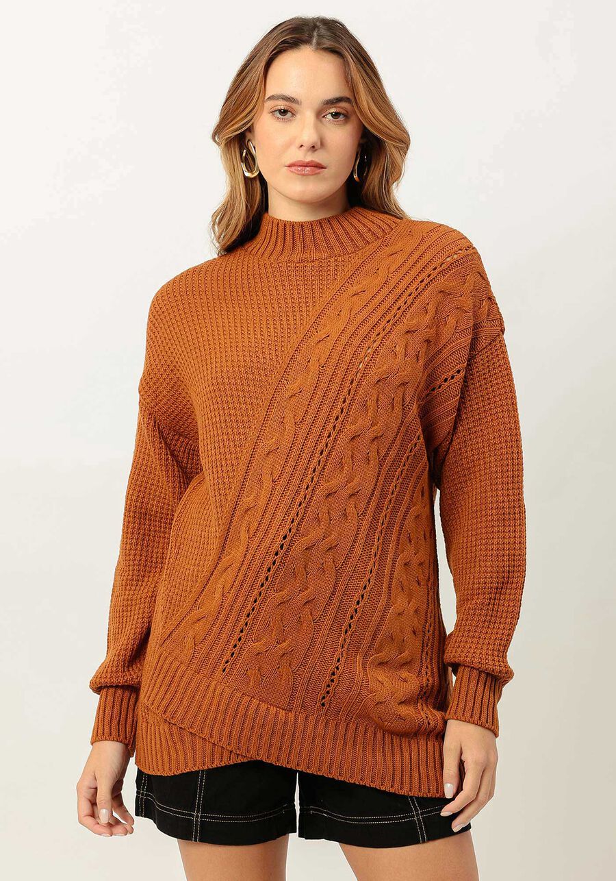 Blusão em Tricô Texturizado com Barra Transpassada, . Blusão em Tricô Texturizado com Barra Transpassada, , large.
