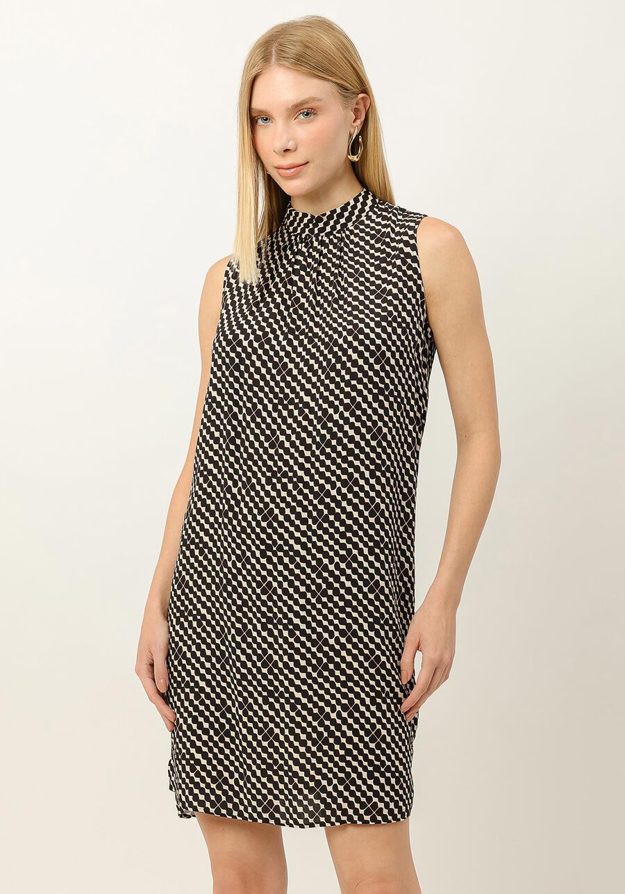 Vestido Curto Sem Mangas em Viscose com Gola Alta, PATTERN. Vestido Curto Sem Mangas em Viscose com Gola Alta, PATTERN, large.