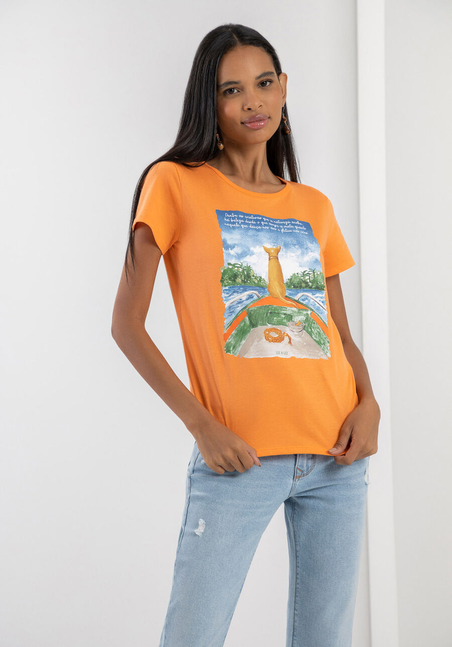 T-shirt em Malha Estampada, LARANJA STRING. T-shirt em Malha Estampada, LARANJA STRING, large.