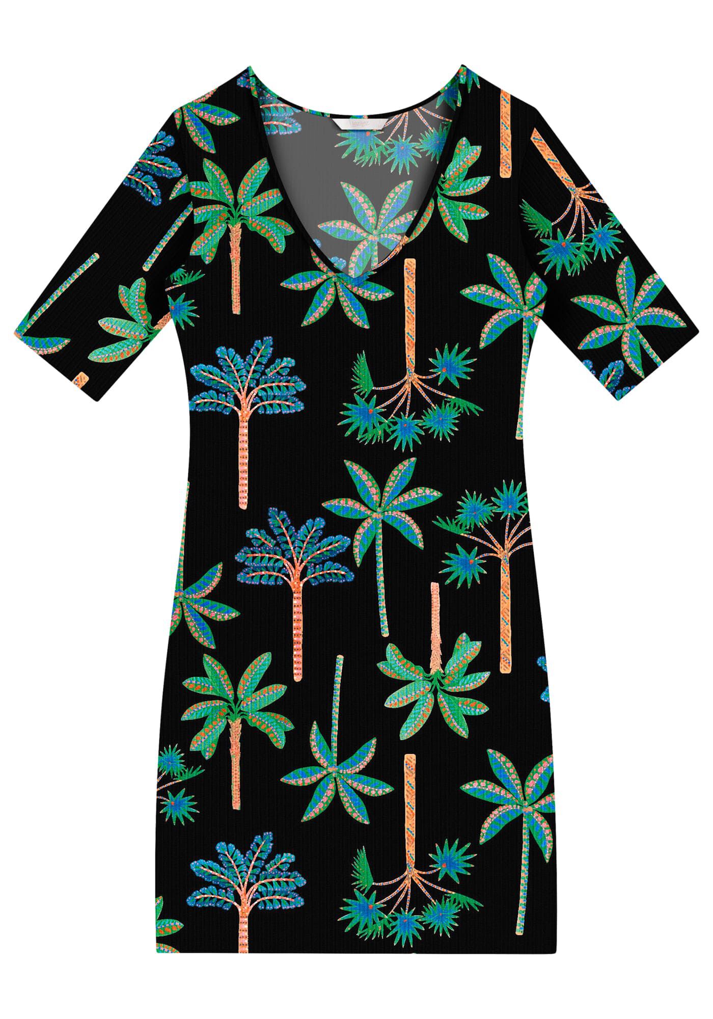 Vestido Curto Canelado com Decote V Estampado, , large.