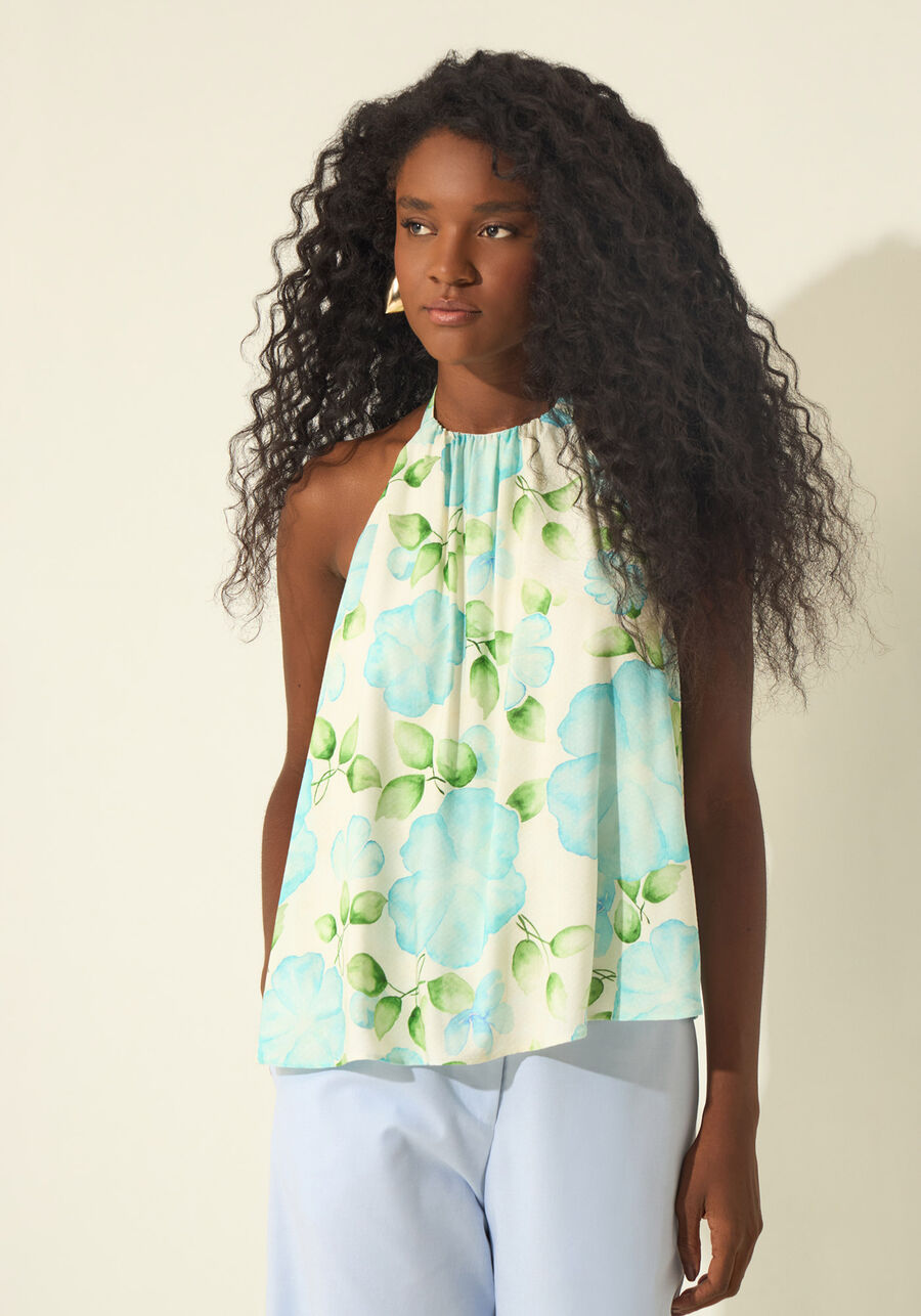 Blusa Estampada Frente Única Com Amarração, AQUARELA BEGE. Blusa Estampada Frente Única Com Amarração, AQUARELA BEGE, large.