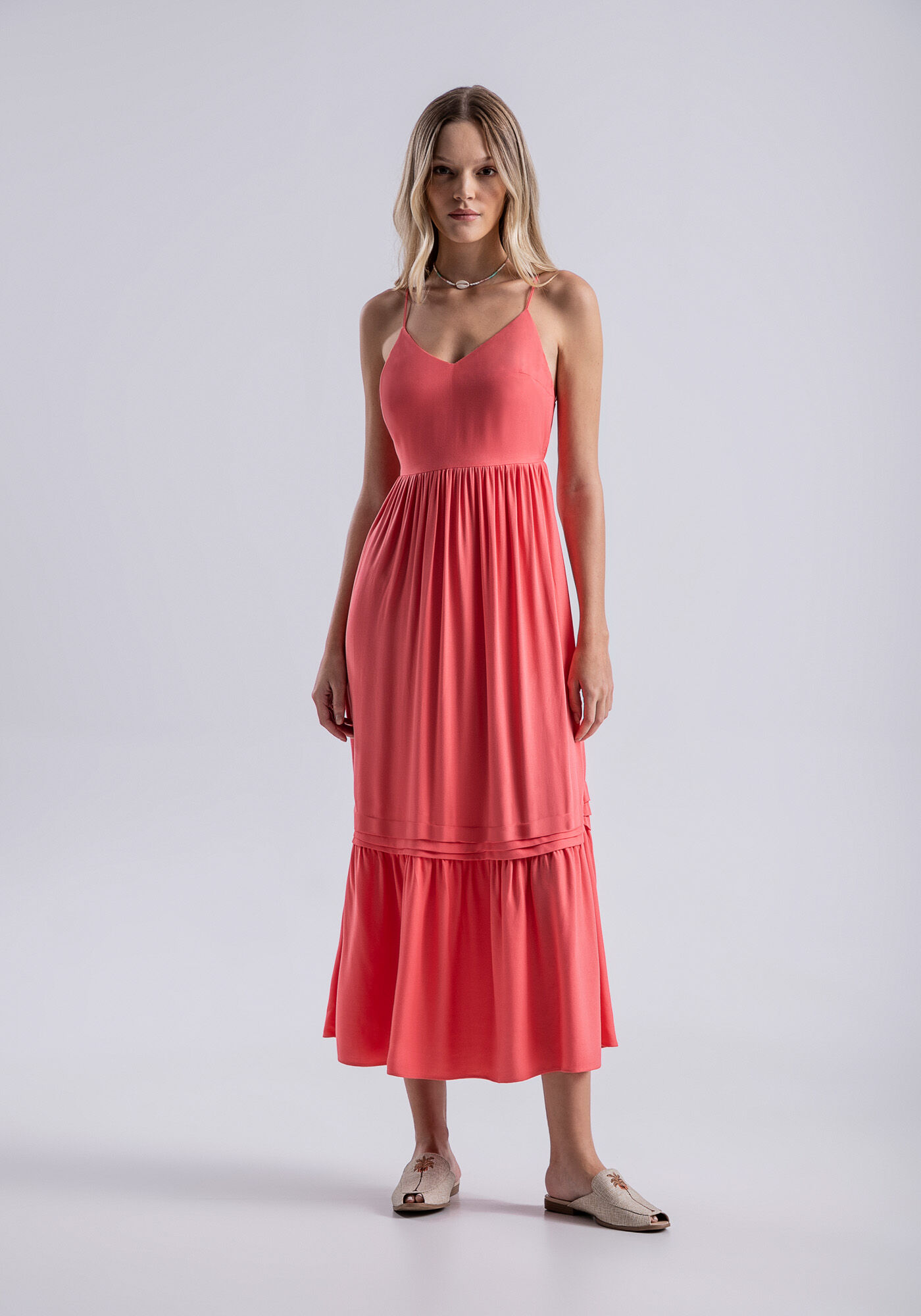 Vestido Midi em Viscose com Babado e Costas Abertas, SALMAO MELANIE, large.