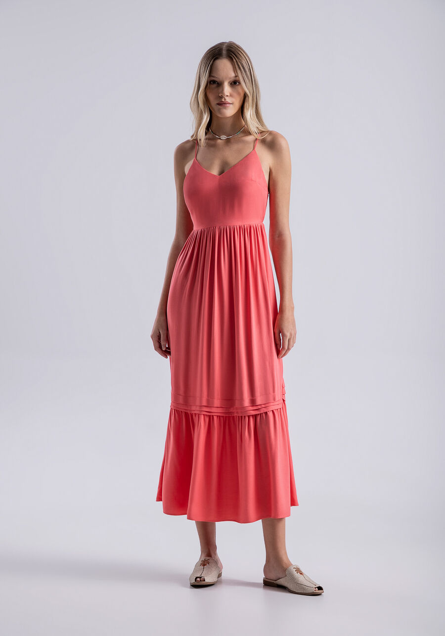 Vestido Midi em Viscose com Babado e Costas Abertas, SALMAO MELANIE. Vestido Midi em Viscose com Babado e Costas Abertas, SALMAO MELANIE, large.