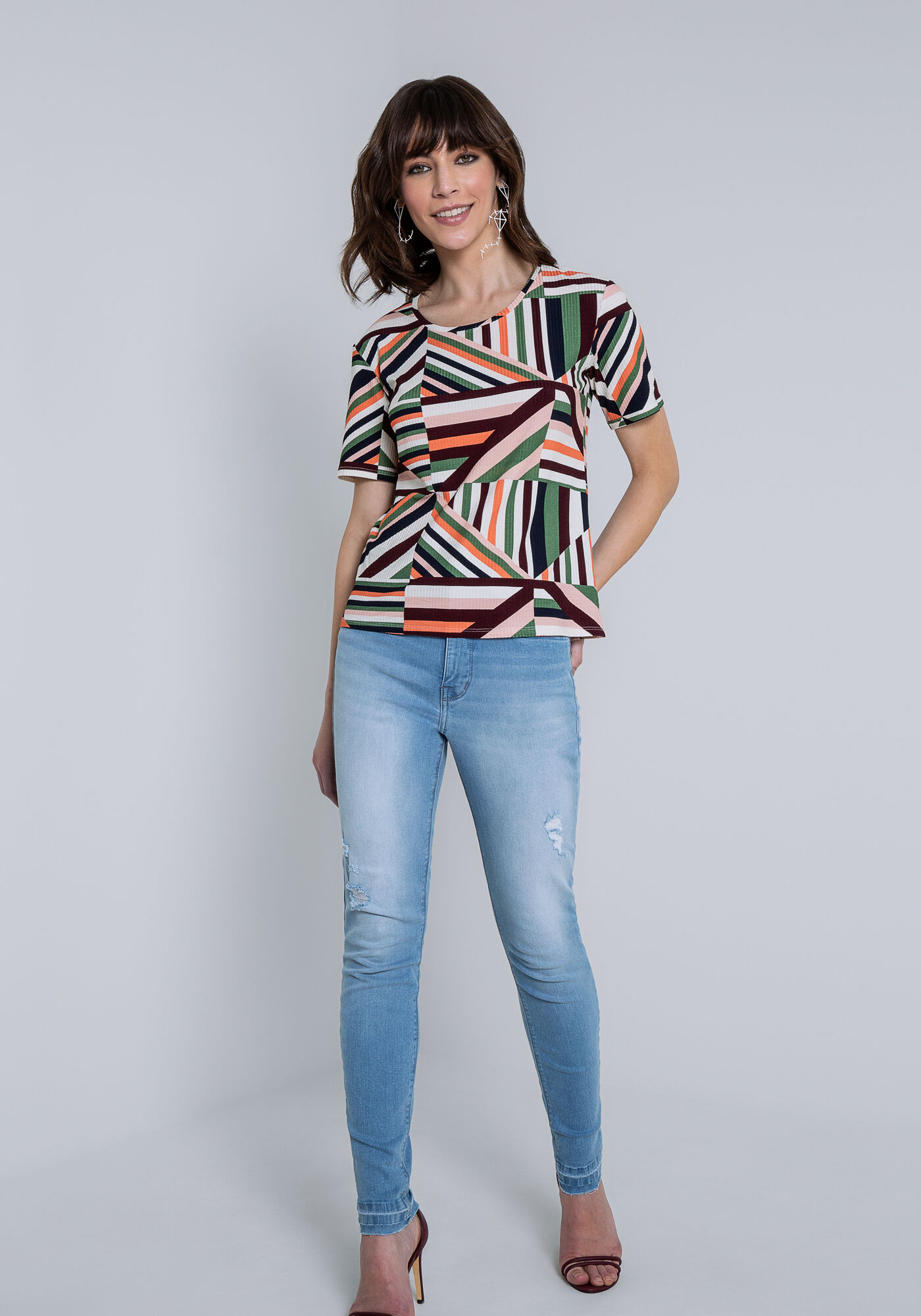 Blusa Manga Curta em Malha Canelada Estampada, , large.