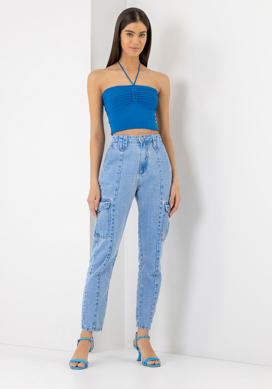 Calça Jeans Super Alta com Bolsos Cargo, JEANS. Calça Jeans Super Alta com Bolsos Cargo, JEANS, large.