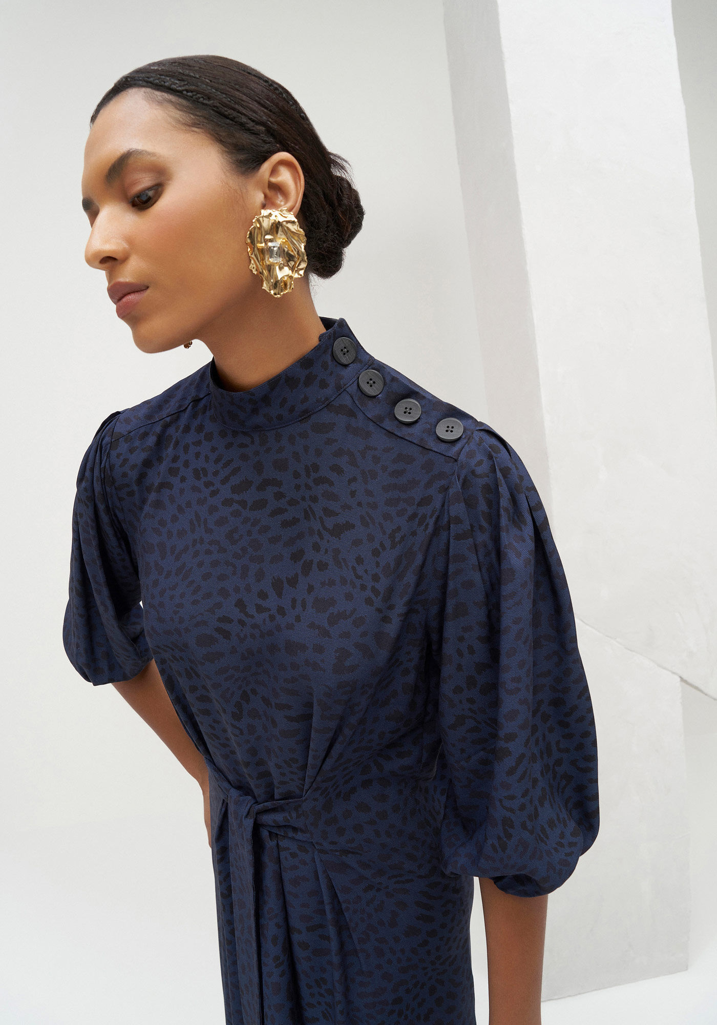 Vestido Midi Manga Bufante com Amarra&ccedil;&atilde;o, , large.