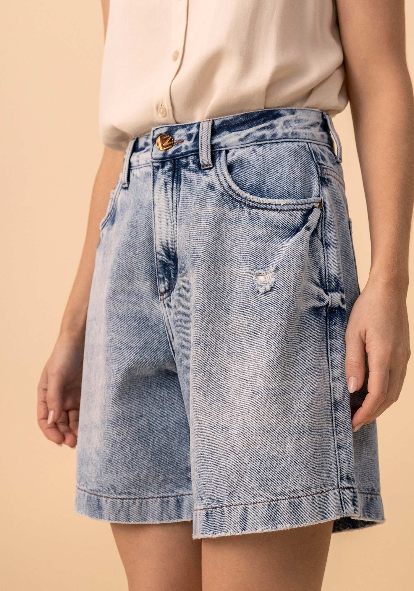 Bermuda Jeans De Cintura Alta Marmorizada Com Bolsos, JEANS, large.