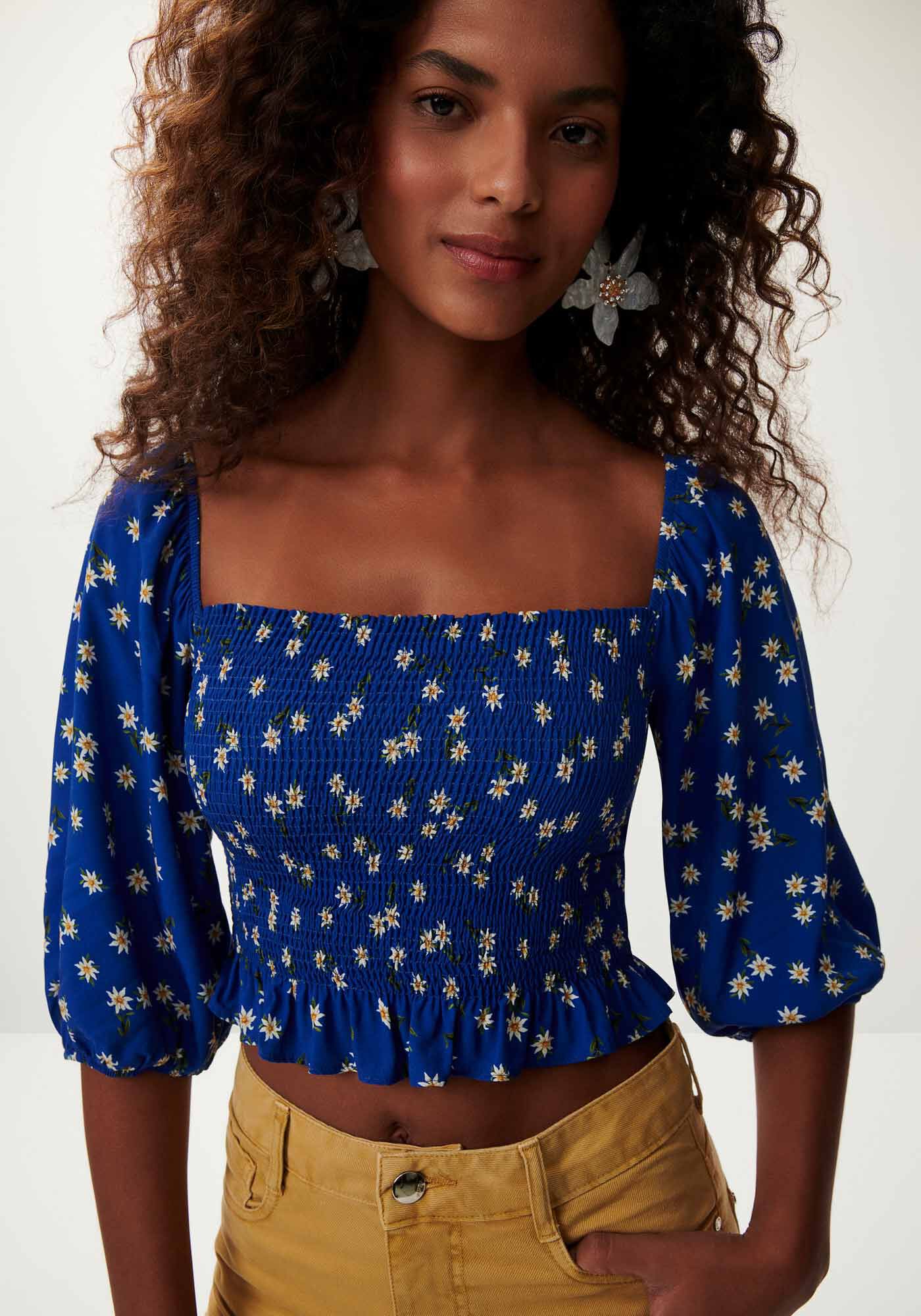 Blusa Manga Bufante Estampada Cropped com Lastex, EDELWEISS, large.