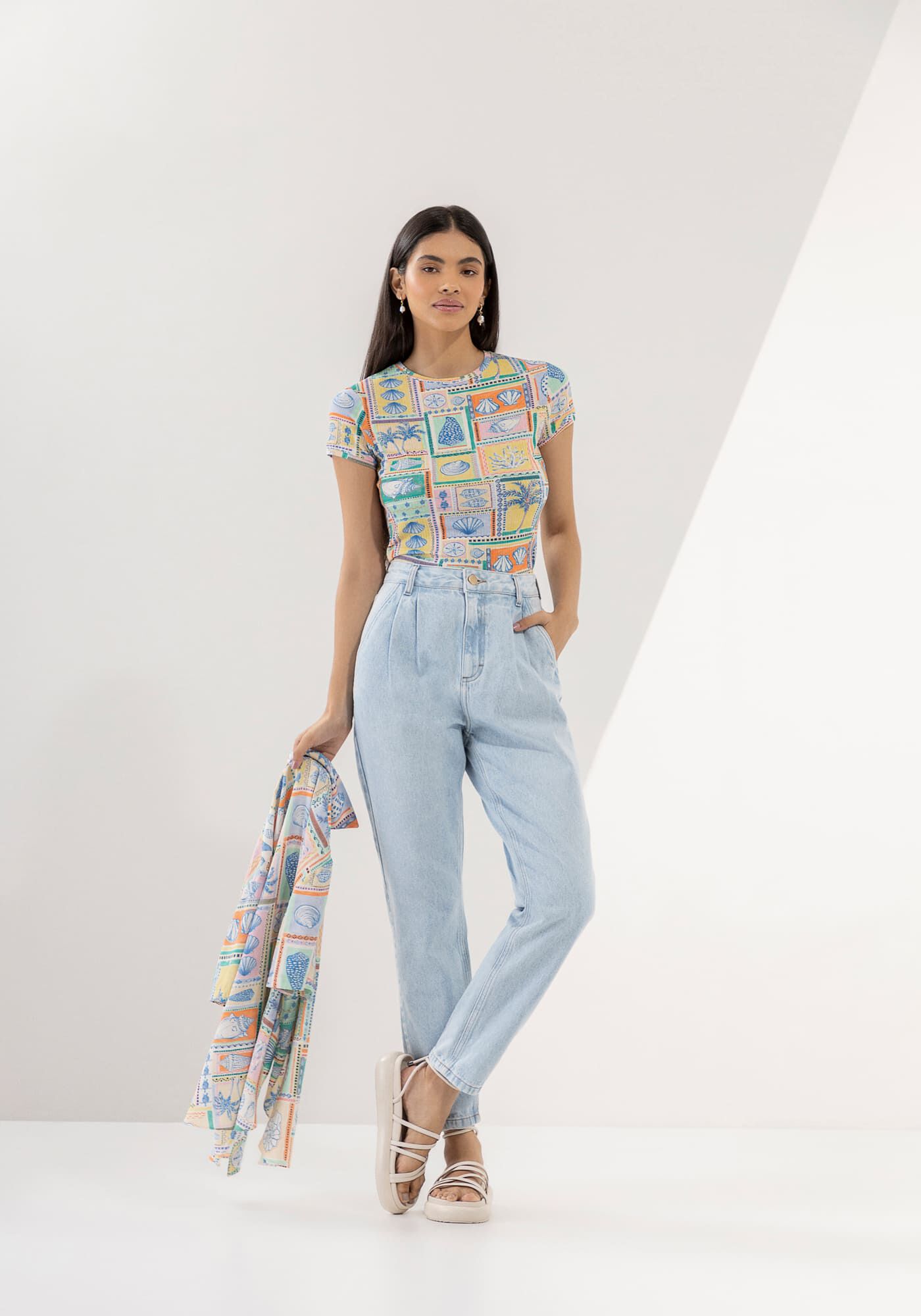 Blusa Manga Curta Canelada Estampada, , large.