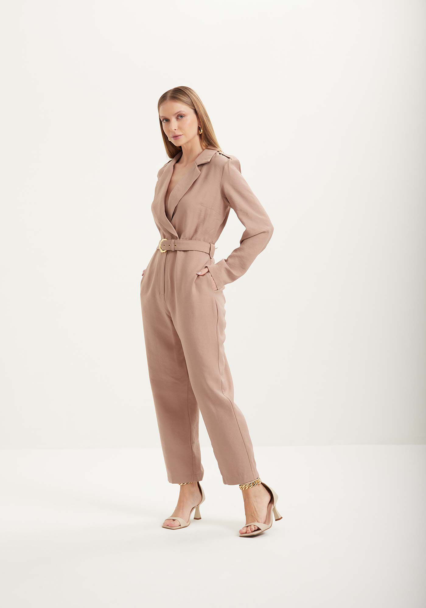 Macac&atilde;o Longo Com Lapelas Duplas E Cinto De Fivela, , large.