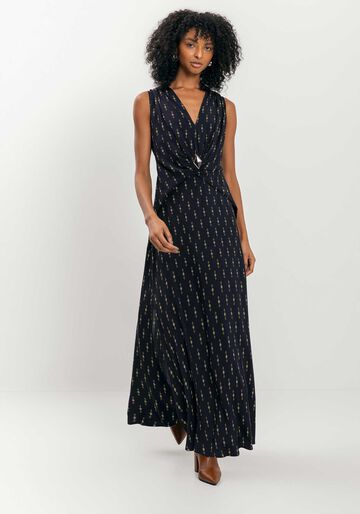Vestido Longo Estampado Com Decote Em V E Enfeite, PATTERN PRETO. Vestido Longo Estampado Com Decote Em V E Enfeite, PATTERN PRETO, large.