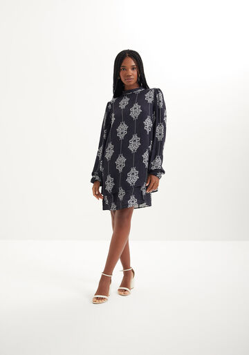 Vestido Curto Estampado Com Mangas Amplas E Gola Alta, CUTWORK MARINHO. Vestido Curto Estampado Com Mangas Amplas E Gola Alta, CUTWORK MARINHO, large.