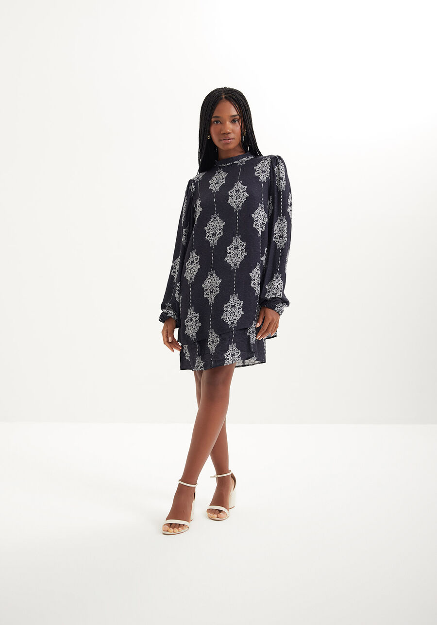 Vestido Curto Estampado Com Mangas Amplas E Gola Alta, CUTWORK MARINHO. Vestido Curto Estampado Com Mangas Amplas E Gola Alta, CUTWORK MARINHO, large.