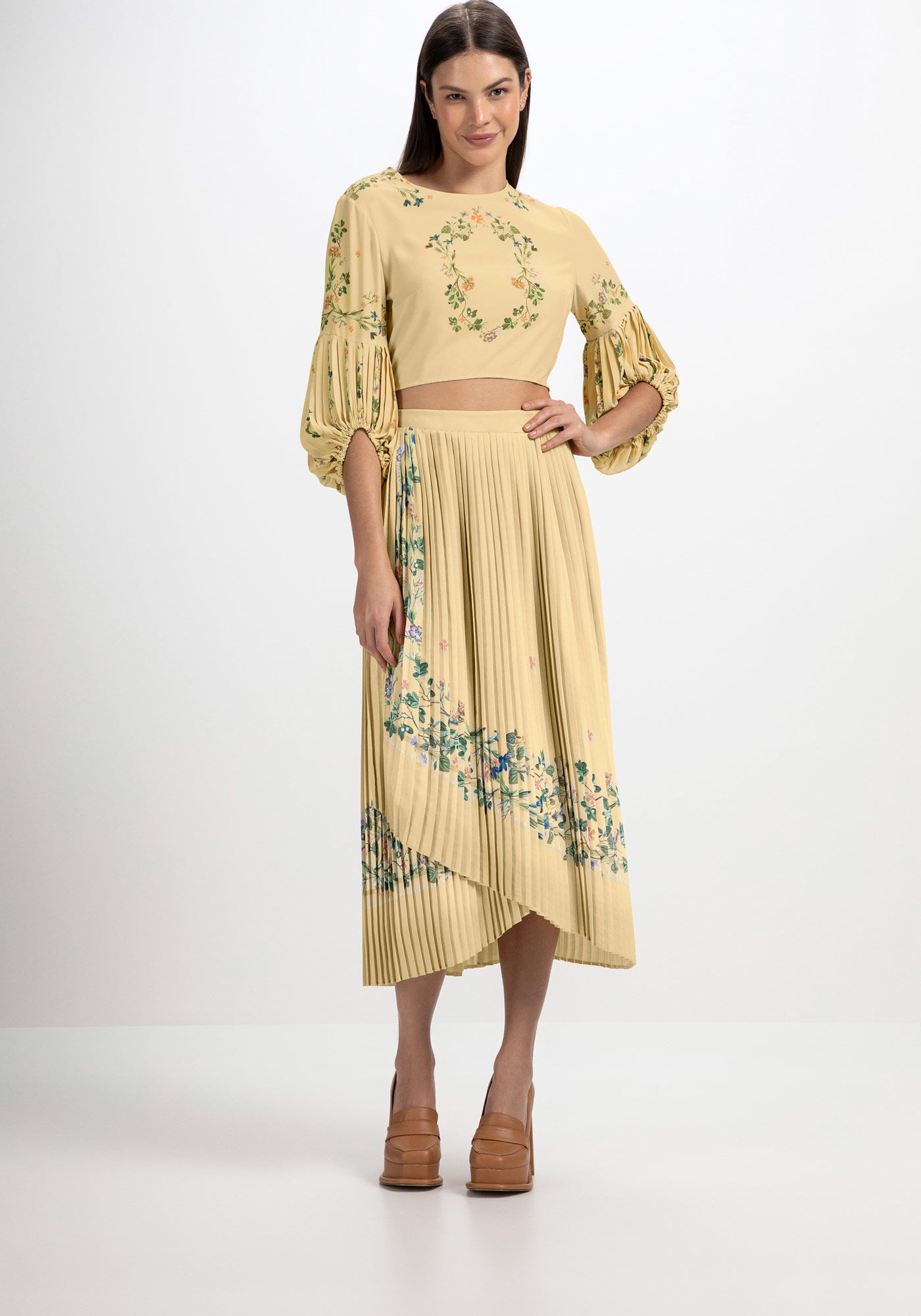 Blusa Cropped Estampada com Manga 3/4 Bufante, , large.