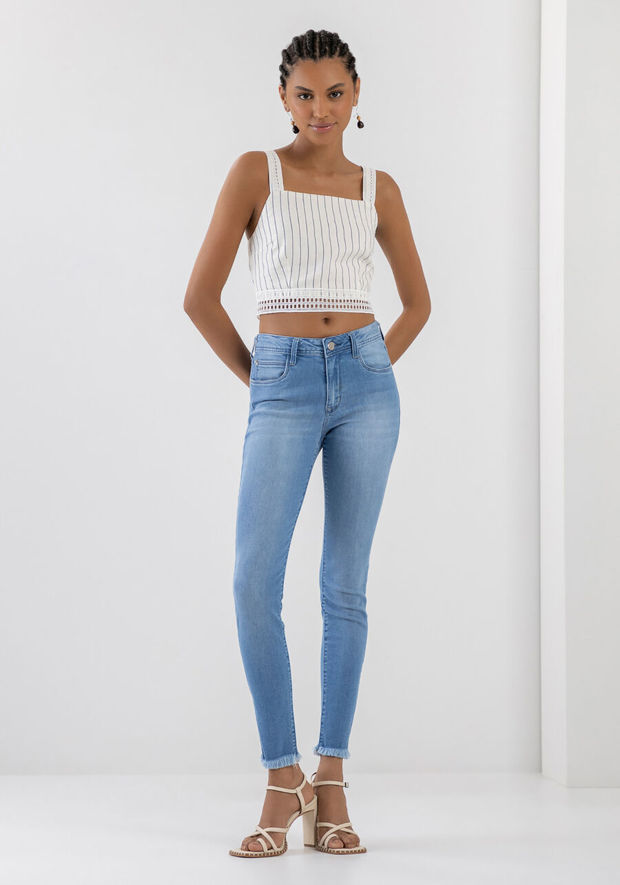 Calça Jeans Skinny Cropped com Barra Desfiada, JEANS, large.