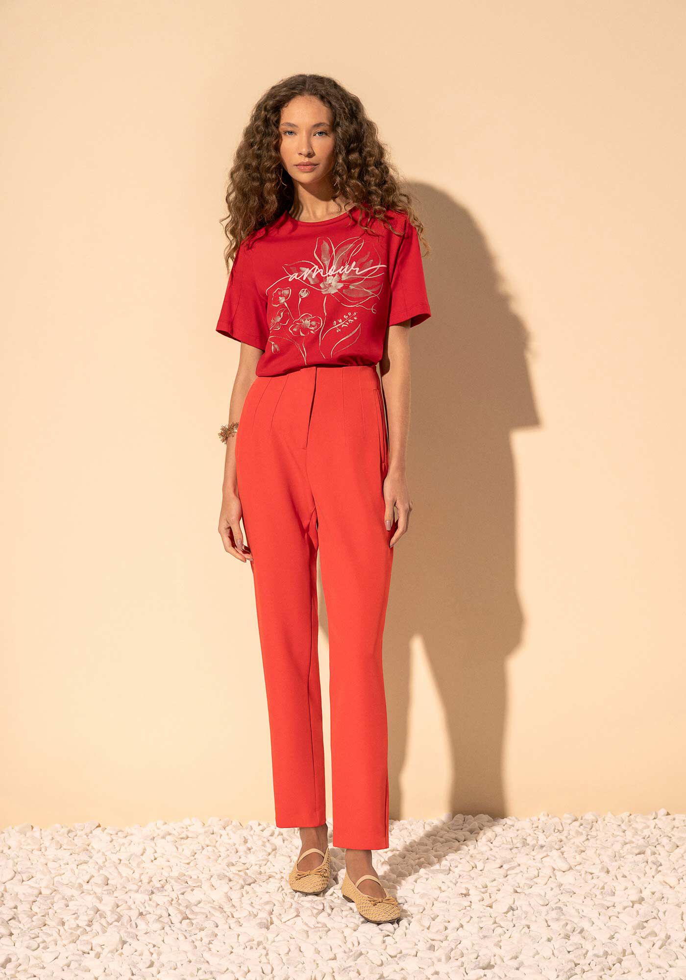 Blusa T-shirt De Manga Curta Com Estampa Em Algod&atilde;o Penteado, VERMELHO CLAIR, large.