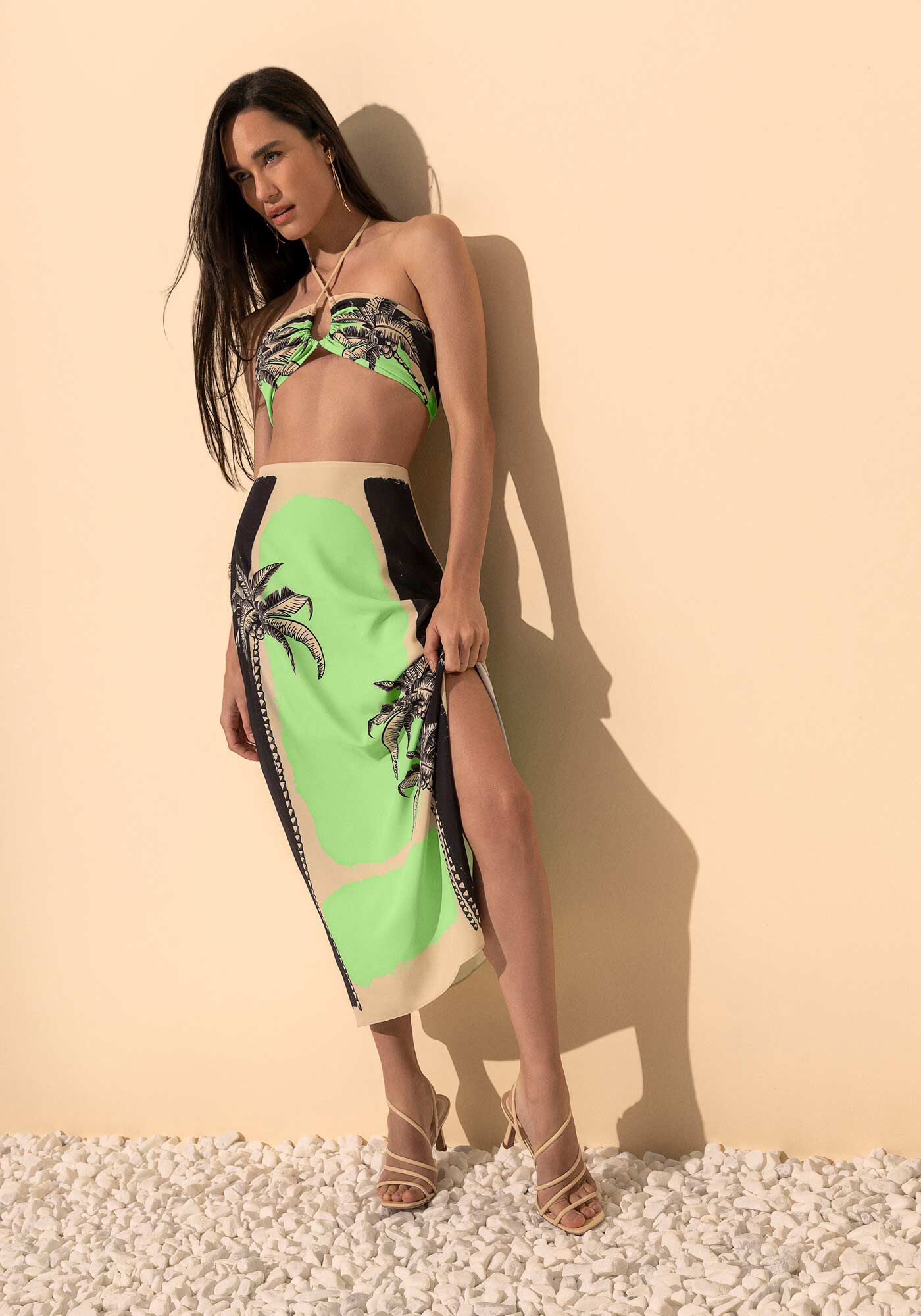 Saia Ch&aacute; Estampada De Cintura Alta Com Z&iacute;per E Fenda, VERDE SABEDORIA, large.