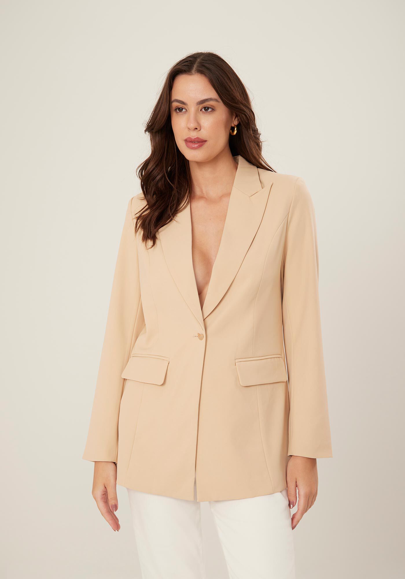 Blazer Alongado Em Alfaiataria Com Lapelas Frontais, BEGE CENTURY, large.
